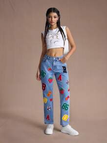 SHEIN EZwear 女式字母贴布直筒休闲日常牛仔裤 - 藍色 - 查看 6