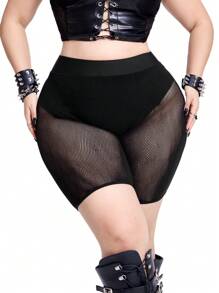Whyspr 女式加大码纯色高腰网眼拼接性感短裤 - 黑色 - 查看 1