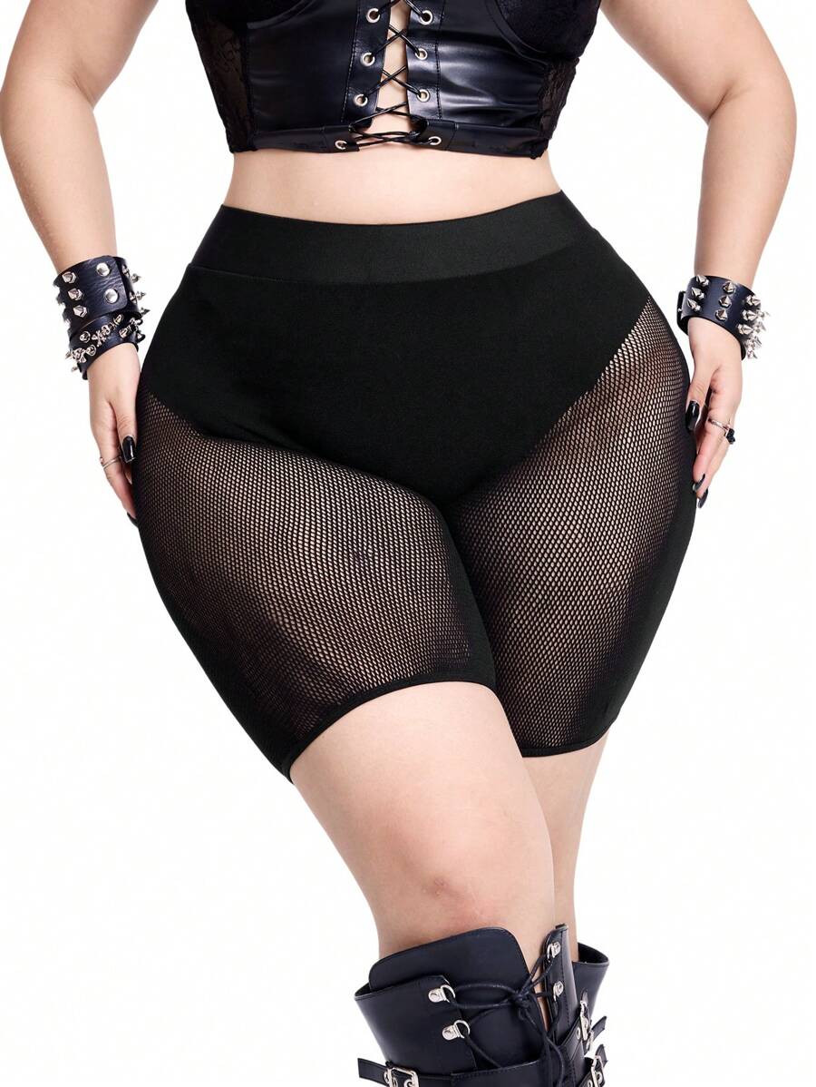 Whyspr 女式加大码纯色高腰网眼拼接性感短裤 - 黑色 - 查看 1