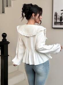 Modelyn Peter Pan Collar Patchwork Frill Trim Tie-Up Long Sleeve Women Shirt - White - View 4