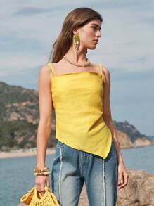 MOTF PREMIUM 亚麻不对称下摆吊带背心 - 黃色 - 查看 6