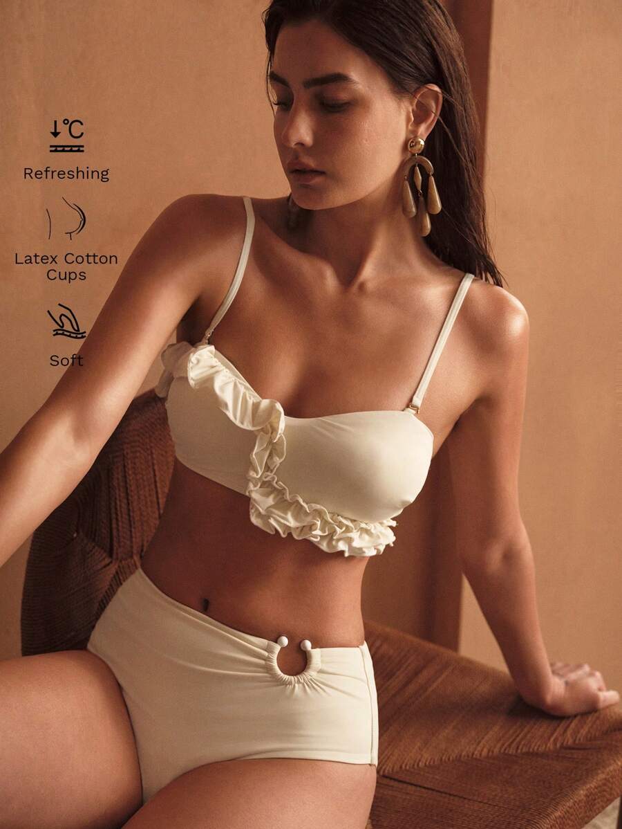 MOTF PREMIUM RUFFLE TRIM SPAGHETTI STRAP BIKINI TOP FOR SUMMER BEACH VACATION - Beige - View 1