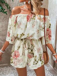 Breezaya Floral Print Off Shoulder Flare Sleeve Romper