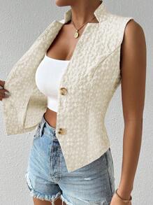 Chiquease Minimalist Commuting Texture Jacquard V-Neck Single Breasted Vest - Apricot - View 4