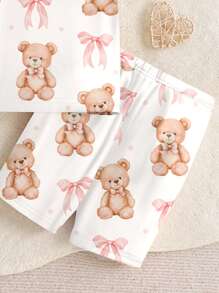 SHEIN LMoss Kids 女婴蝴蝶结和熊图案休闲修身圆领舒适短袖短裤睡衣套装，舒适贴身 - 彩色 - 查看 4