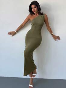 Firerie Vestido maxi elegante y sexy para vacaciones con diseño de un solo hombro con pliegues, espalda descubierta y cintas, adecuado para el Día de San Valentín, la temporada de bodas, el Día de San Patricio, primavera/verano