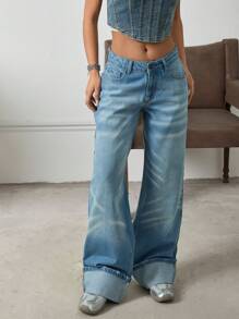 EURMUSE HIGH RISE WIDELEG JEAN WITH FOLDED UP HEM Women S Bottoms Wide Leg Jeans Women - Light Wash - View 3