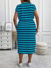 Calvaya Plus Size Striped Crew Neck Capped Sleeve Bodycon Split Drawstring Midi Casual Dress, Autumn/Winter Maxi Women Outfit - Blue - View 2