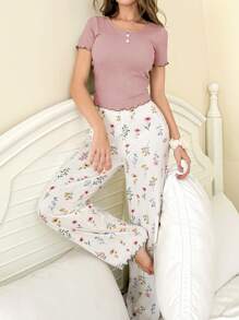CottageSlumber 2pcs Women's Plain Crew Neck Short Sleeve Pajamas Set With Floral Printed Pants Holiday Season - Pink - View 3