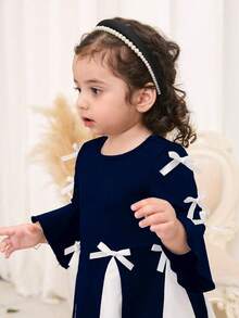 Baby Girl Elegant Dresses With Bow Decorated Two-Tone Color Fall Winter - Blue - View 4