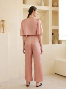 法式优雅缎面系带魅力女士睡衣套装 - 藕粉色 - 查看 2