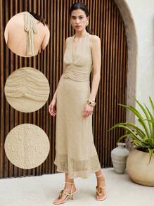 Chiquease Women Minimalist Solid Color Elegant Ruffle Design Lace Sexy Dress - Apricot - View 1