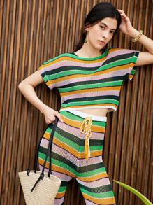 SHEIN Unity Women 2pcs Set Contrast Color Striped Knitted Top And Pants, Leisure Vacation Style - Multicolor - View 2