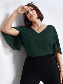 Chikora V-Neck Plus Size Open Slit Sleeve Solid Color Fall Women Shirt,Office Outfits For Women