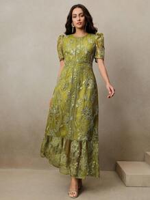 Anewsta Women's Elegant Floral Lace Patchwork Beaded Decor Round Neck Short Sleeve Dress - Green - View 7