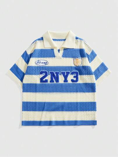 Prep Camisa polo de manga corta con tejido jacquard a rayas y letras para hombre