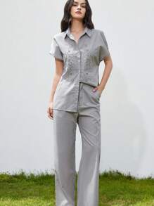 Aveloria Modichic New Stylish Business/Leisure Commute Elegant Vintage Hollowed-Out Contrast Embroidery Drop Shoulder Sleeve Lapel Button Shirt & Loose Wide Leg Pants Two Pieces Set For Women