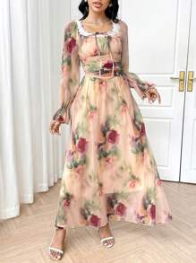 Modelyn Vestido de manga larga con estampado floral menudo en estilo retro francés, vestido primaveral de talla grande encantador y favorecedora - Multicolor - Ver 4