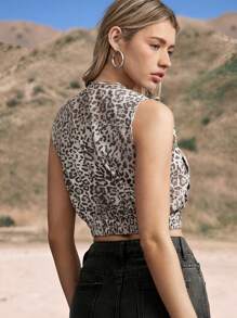 SHEIN EZwear 2025summer And Spring  Music Festival Washed Leopard Print Short Cargo Vest Jacket - Brown - View 4
