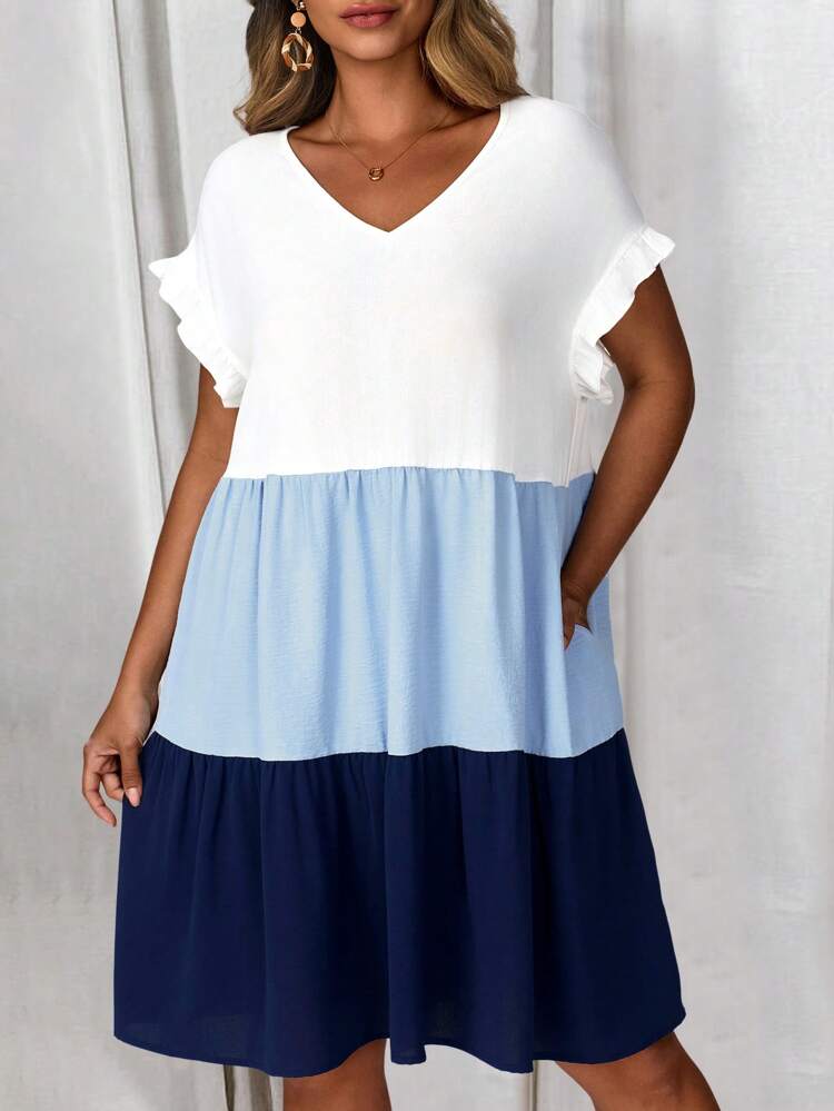 Plus Size Color Block Fashion Dress, Suitable For Summer
