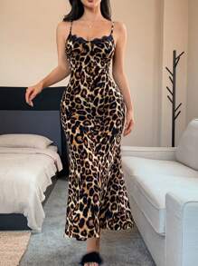 DAZY Women Leopard Print Lace Paneled Adjustable Strap Fitted Long Nightgown Pajama, Sleep Dress - Coffee Brown - View 6
