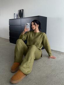 Flirla Soft, Slimming, Versatile Casual Wide-Leg Pants & Long Sleeve Knit Set - Army Green - View 1