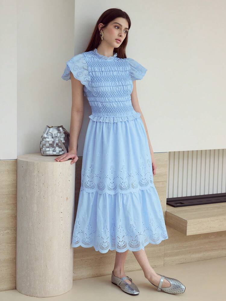 MOTF STUDIO EYELET EMBROIDERY RUFFLE HEM DRESS
