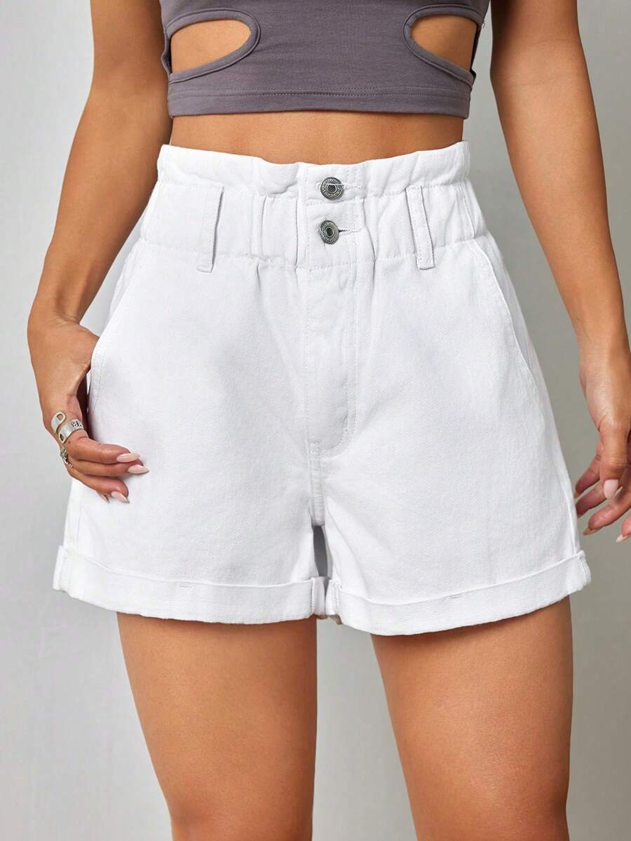 SHEIN Tall Quần short denim dạo phố rộng rãi, đa năng cho nữ có túi - trắng - Xem 1