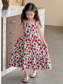 SHEIN Young Girl Floral Print Elegant Fashion Comfortable Bow Decorated Spaghetti Strap Mid-Length Dress Summer Holiday