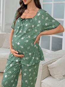 Moonlight&Mama Women's Casual Knit Ruffled Square Neck Ditsy Floral Maternity Pajama Set - Multicolor - View 4