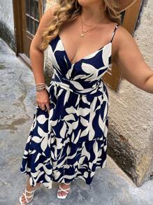 SHEIN Clasi 大码女式西式波西米亚风假日休闲通勤叶子大花腰部收紧褶皱后腰带分层下摆超长吊带裙，春夏 - 藏蓝色 - 查看 6