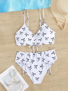 Women's Minimalist White Base Black Bow Ribbon Print Comfortable Swimsuit Top And Triangle Swimsuit Bottom Set, Random Print For Summer Beach Vacation - White - View 3