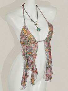 SHEIN ICON Women's Backless Halter Casual Top With Side Slit & Cashew Print - Multicolor - View 14