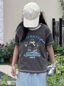 DAZY Tween Girls Round Neck Printed Short Sleeve Knit T-Shirt, Summer,Back To School Clothes - Dark Grey - View 4