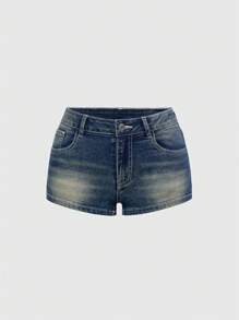 ROMWE Y2K蝴蝶刺绣水钻做旧复古超低腰超短女式牛仔短裤 - 深色水洗藍 - 查看 4