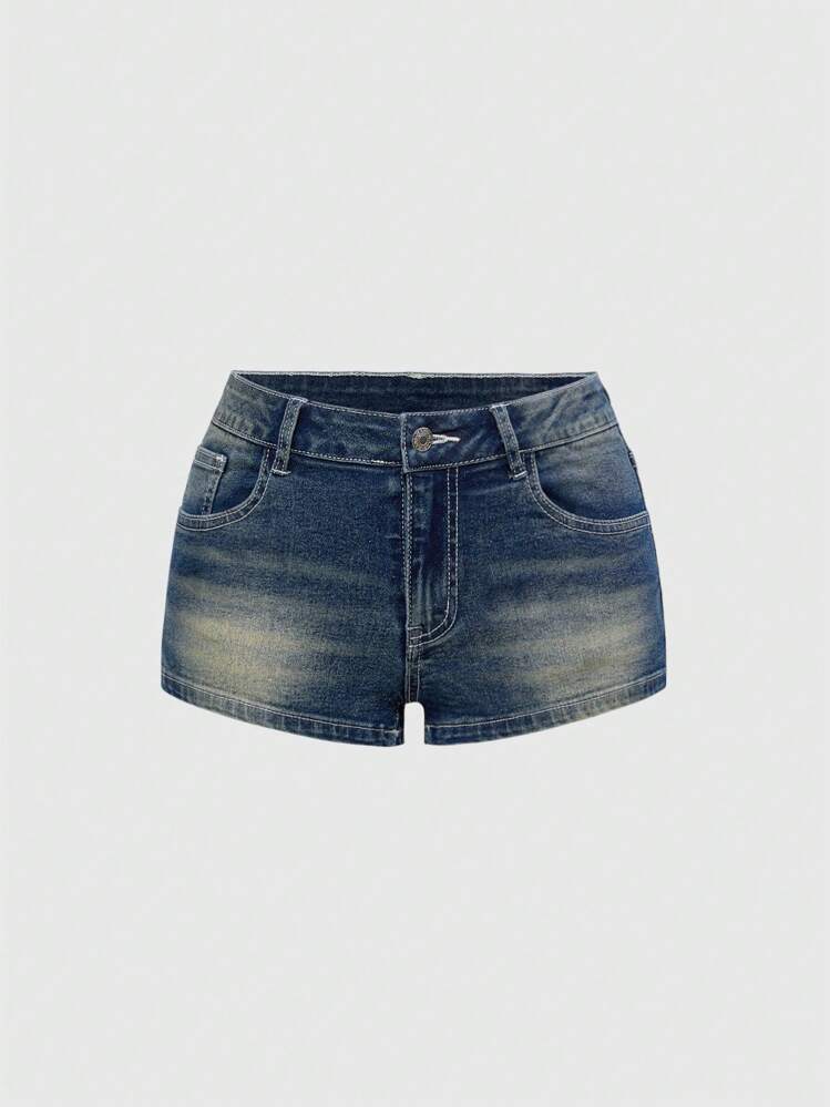 ROMWE Spring/Summer Y2K Butterfly Embroidery & Rhinestone Distressed Retro Super Low Waist Super Short Women Denim Shorts - Dark Wash - View 4