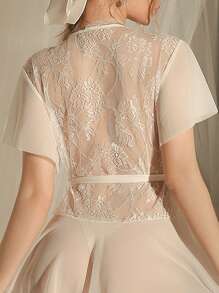 DelicateAllure French Romantic Elegant Mesh Ruffle Lace Patchwork Ladies Bathrobe - White - View 3