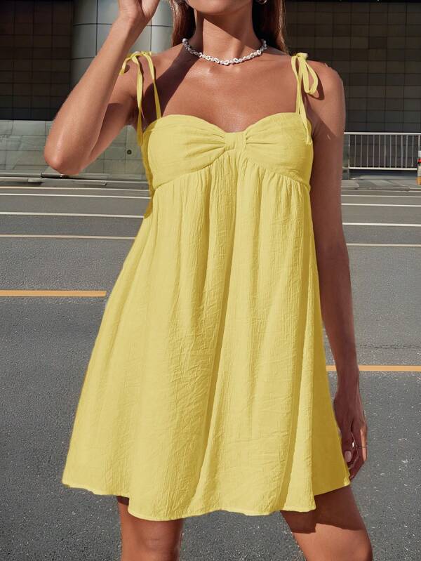 SHEIN EZwear Women's Summer Casual Solid Color Textured Loose Pleated Camisole Dress,Butter Yellow Dress