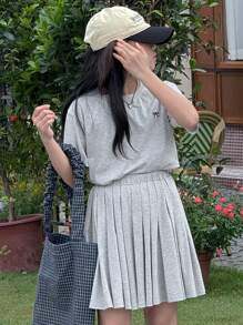 DAZY 2pcs/Set Tween Girls Crew Neck Embroidered Butterfly Knit Top And Skirt Outfit, Summer, Back To School Clothes - Grey - View 1