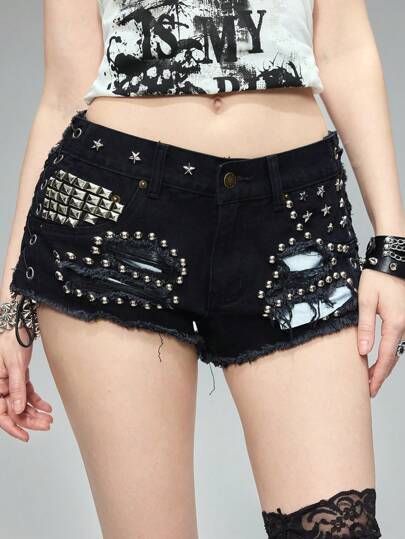 Grunge Punk Shorts di jeans da donna sexy, strappati, con borchie, stile vintage, con lacci, vita bassa, con frange, adatti per festival musicali e stile Kpop