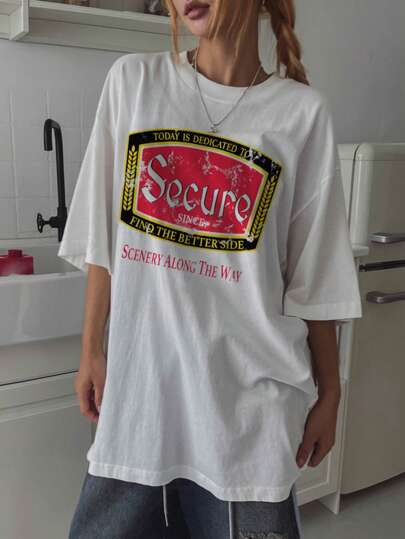 DAZY Women's Casual Loose Fit Round Neck Letter Print T-Shirt Graphic Tee Oversized T-Shirt Streetwear