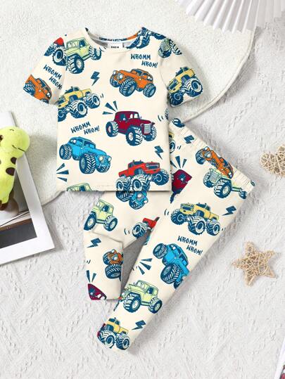 SHEIN Baby Boy Car Racing Cartoon Pattern Casual Slim-Fit Round Neck Comfortable Short Sleeve And Pants Homewear Set, Suitable For Spring And Summer, Tight Fit