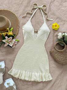 Soleia Women's Resort Moss Green Halter Backless Front Metal Buckle Decor Hollow Out Ruffle Mini Dress - Beige - View 3
