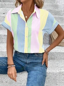 EMERY ROSE Women's Casual Vacation Contrast Stripe Blouse (Asymmetrical Floral Print) - Multicolor - View 6