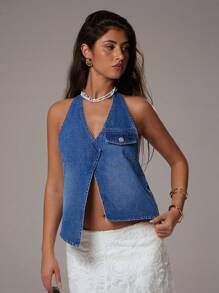 SHEIN Forever 21 V 领露背修身背心，夏季新品 - 中等水洗藍 - 查看 3