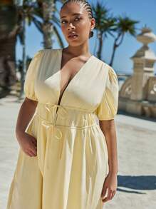 Maija Plus Size Women's Deep V Neck Puff Sleeve Yellow Summer Elegant Long Dress,Solid Color Waist Pleats Flowy Wedding Guest Holiday Sun Dresses - Yellow - View 5