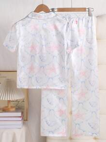 Set de 2 piezas de pijama informal de verano para niñas preadolescentes, con cárdigan de manga corta con estampado dulce y pantalones cómodos - Multicolor - Ver 2