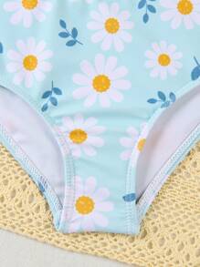 Young Girl' Blue Fresh Seascape Wave Printed Swimsuit Set - Blue - View 3