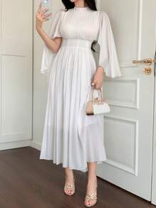 DAZY Solid Color Stand Collar Pleated Ruffle Sleeve Mid-Calf Dress For Women Business Attire - White - View 7