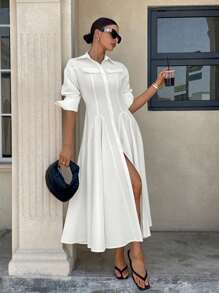 Siren Gaze Damen Freizeit/Pendler Einfarbiges Kleid mit Knopfleiste vorne, Abschlusskleider, Damenkleider, elegantes Abendkleid, weißes Kleid für die Arbeit, Sommerkleider, Damenkleidung, Damenkleider, Geburtstag - Weiss - Übersicht 9